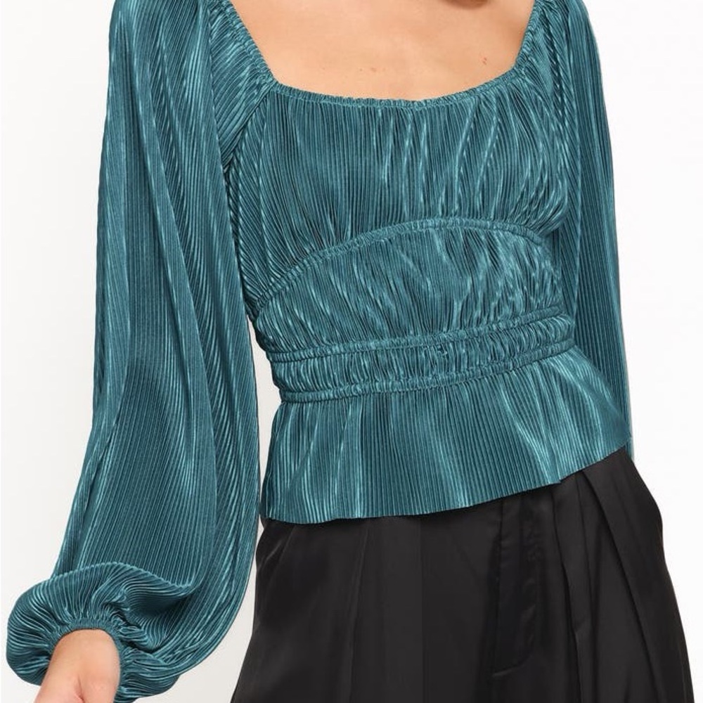 Astr Teal Pleated Satin Square-Neck Blouse with Smocked Waist